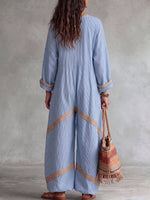 Women's Striped Print V-neck Long-sleeve Casual Loose Cotton-linen Wide-leg Jumpsuit