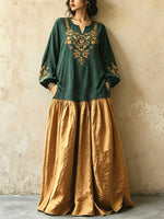 Women's Retro Ethnic Floral Art Casual Stylish V-collar Long Sleeve Cotton Linen Maxi Dress
