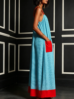 Resort Contrast Color Elastic Square Neck Thin Strap Vertical Stripe Red Splice Pocket Hem Loose Ankle Dress
