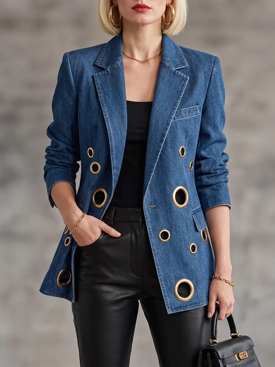 Edgy Gold-Grommet Denim Blazer