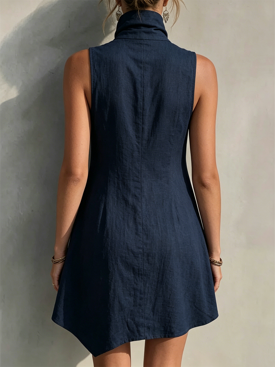 Stand-collar Sleeveless Cotton-linen Mini Dress/vest With Wooden Front Buttons And An Asymmetrical Hem