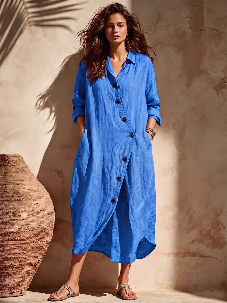 Effortless Asymmetrical Placket Button-down Linen Tunic Dress