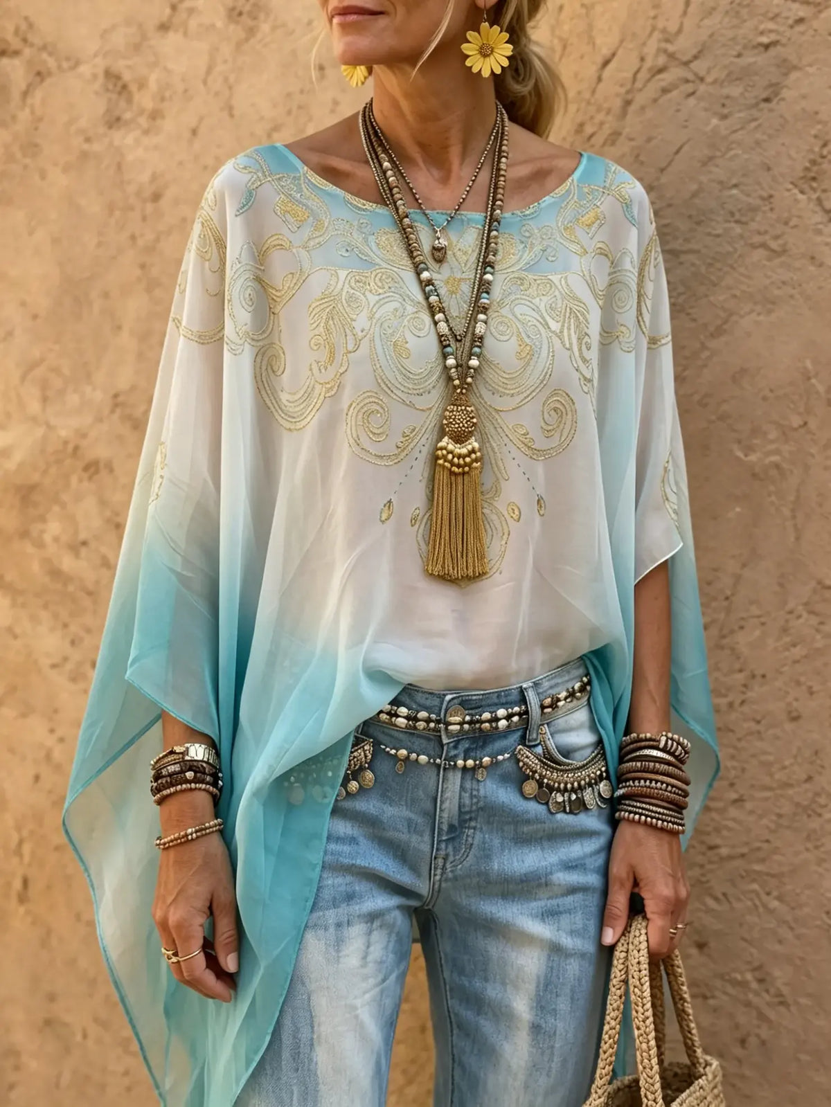 Women's Boho Ombre Batwing Sleeve Sheer Top