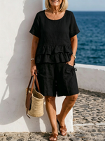 Loose-fitting Cotton-linen Two-piece Set (short-sleeved Top And Shorts)—suitable For Lounging At Home Or Casual Outings