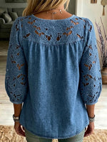 Loose-fit Washed Denim Top Featuring A V-neck, Wooden Buttons, Cut-out Floral Lace Details On The Shoulders And Sleeves, And Three-quarter Length Sleeves