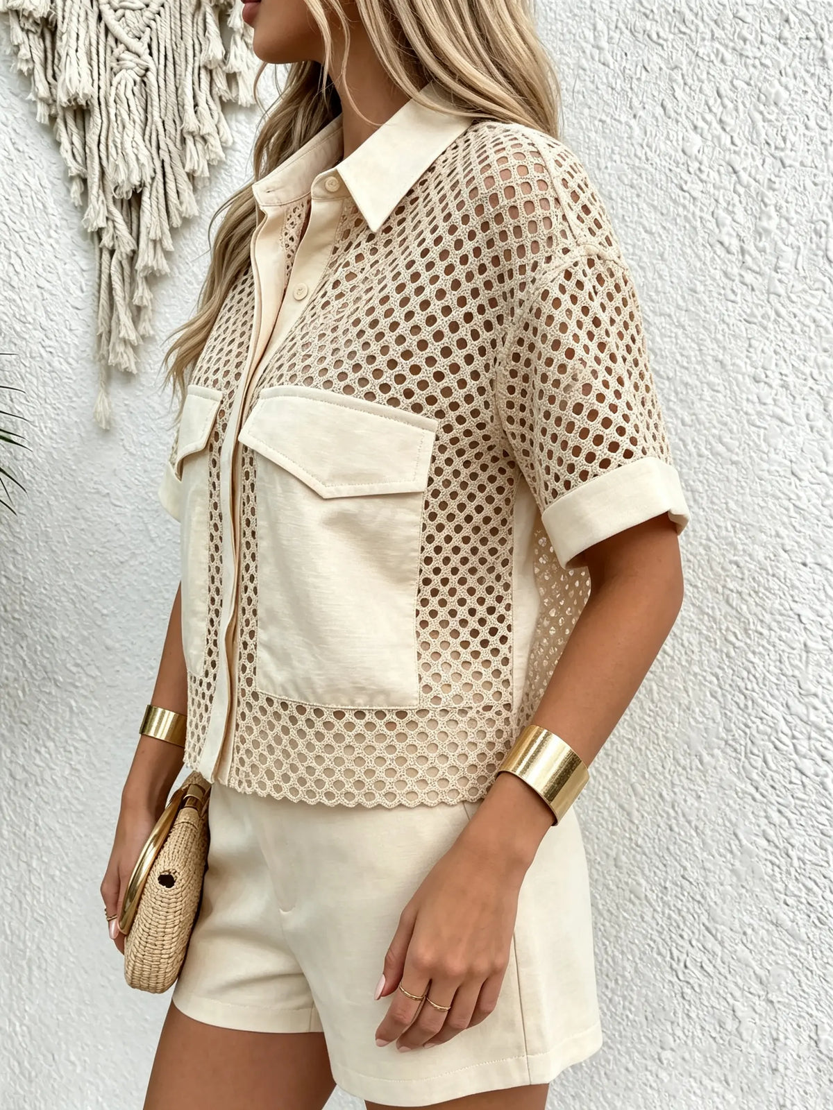 Women's Solid Crochet Hollow Out Collared Short Sleeve Shirt
