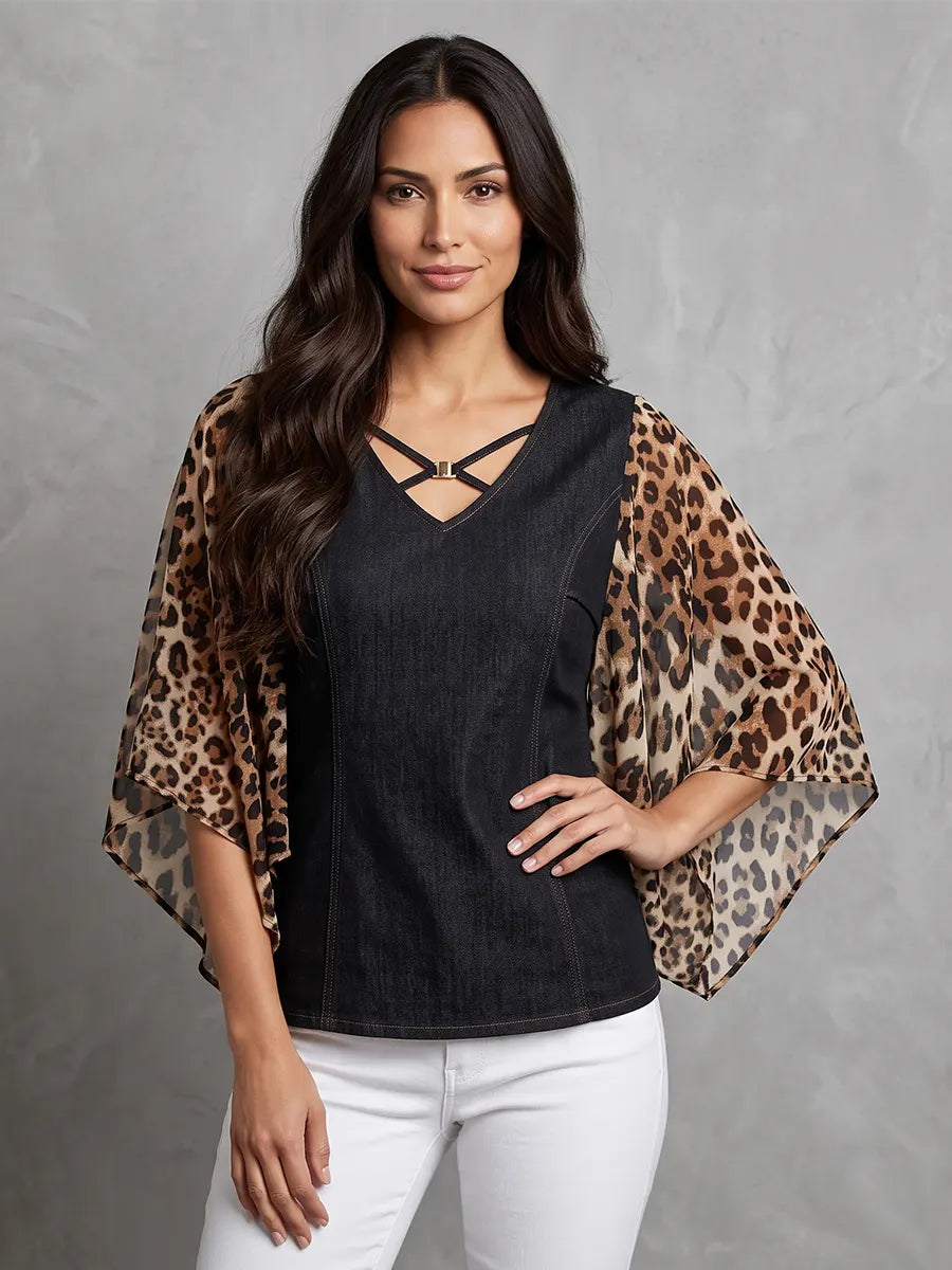 Bold Denim Top – Strappy V-Neck & Flowing Leopard Chiffon Sleeves