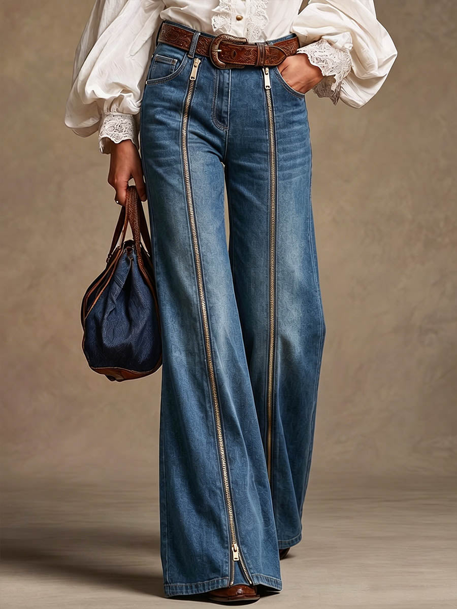 Women's High-waisted Casual Loose-fit Wide-leg Jeans With Metal Zipper Detail