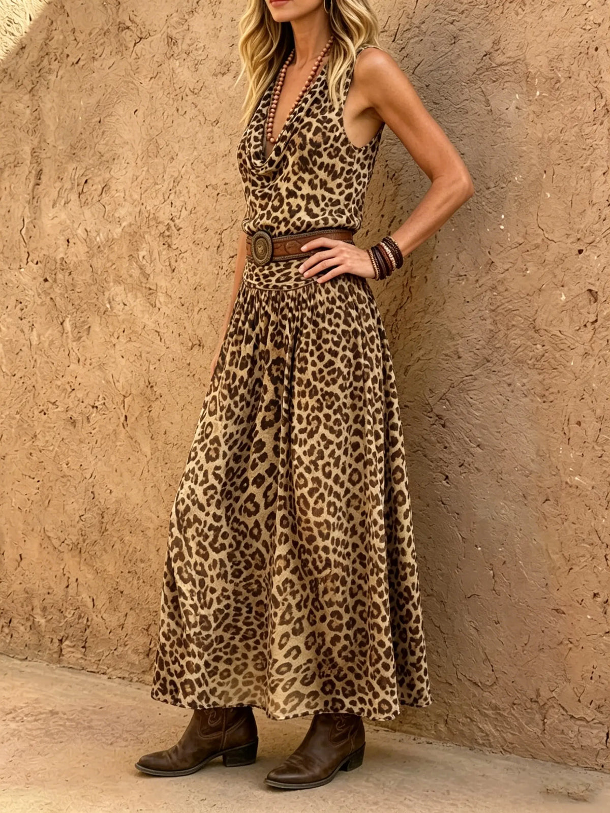 Women's Leopard Cowl Neck Sleeveless Maxi Dress