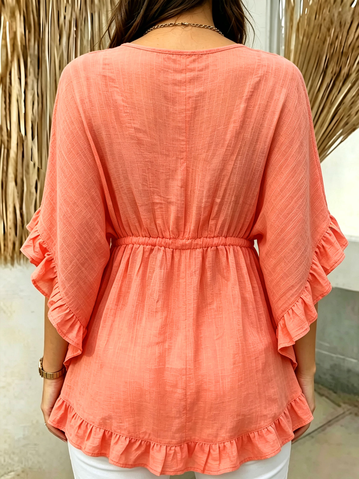 Women’s V Neck Ruffle Batwing Drawstring Waist Peplum Blouse