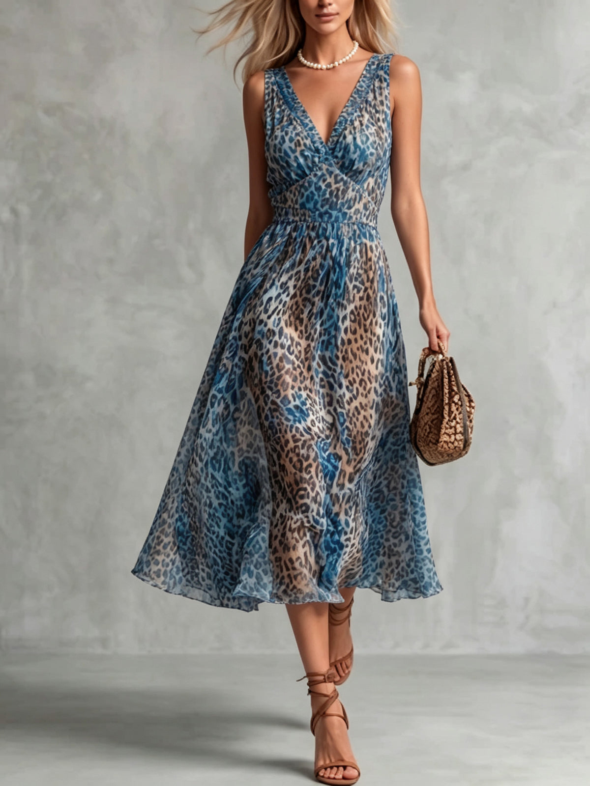 Women's Leopard V-Neck Midi Dress