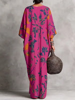 Vibrant Botanical Paneled V-Neck Maxi Kaftan