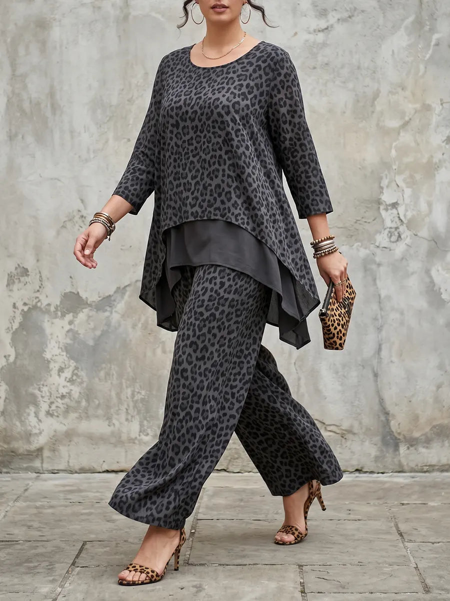 Chic Leopard Print Linen Set – Asymmetrical Layered Tunic & Wide-Leg Pants
