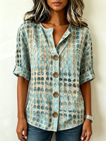 Artistic Watercolor Polka-dot Print Cotton-linen Henley Shirt