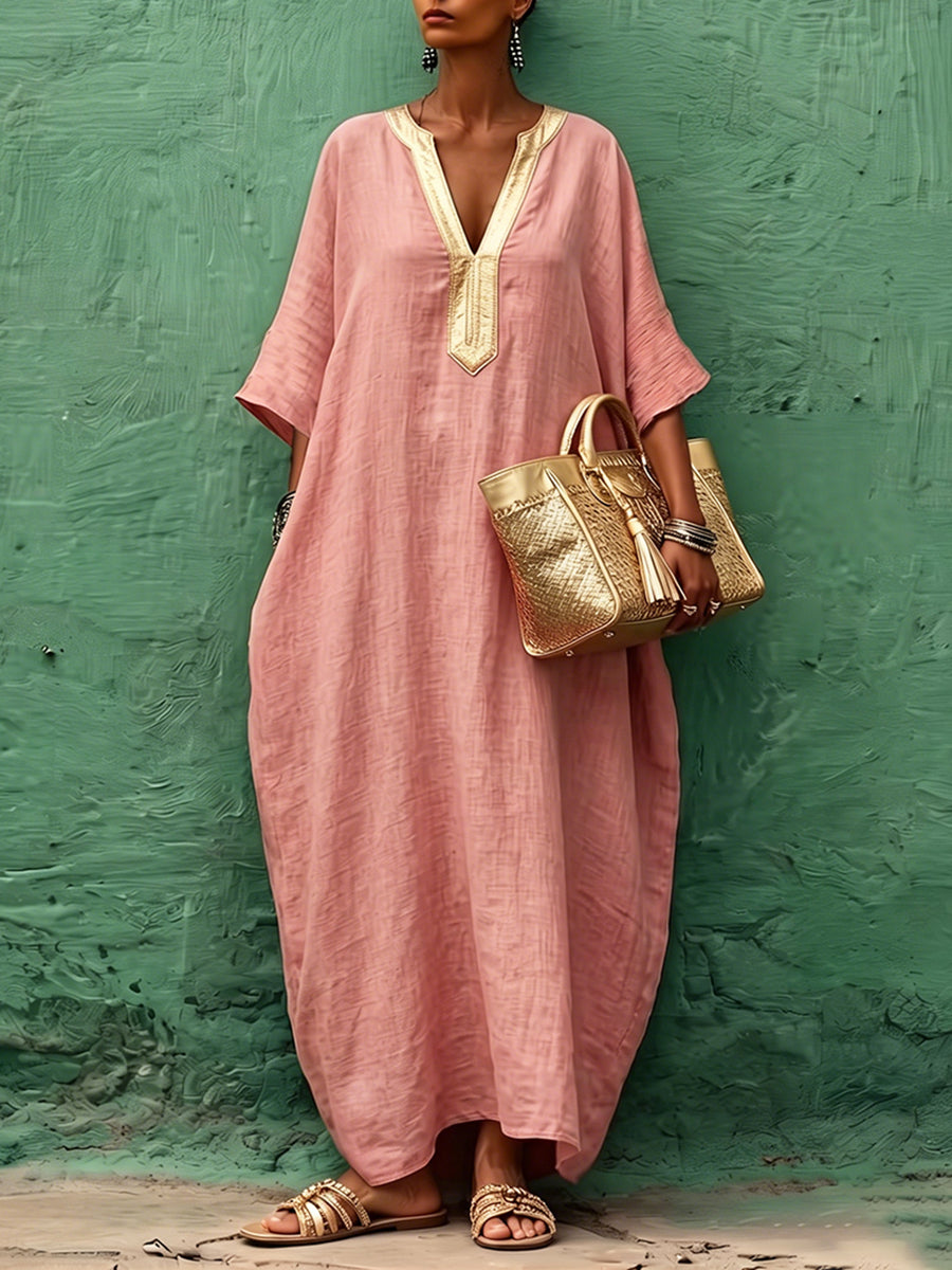 Bohemian Gold V-neck Cotton-linen Maxi Dress