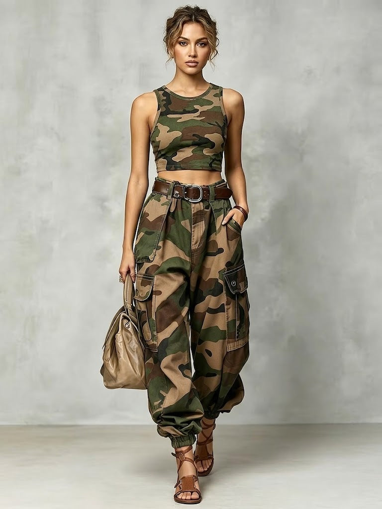 Two-piece Set Featuring A Casual Cotton-knit Camouflage Tank Top And Cotton Camouflage Cargo Pants.