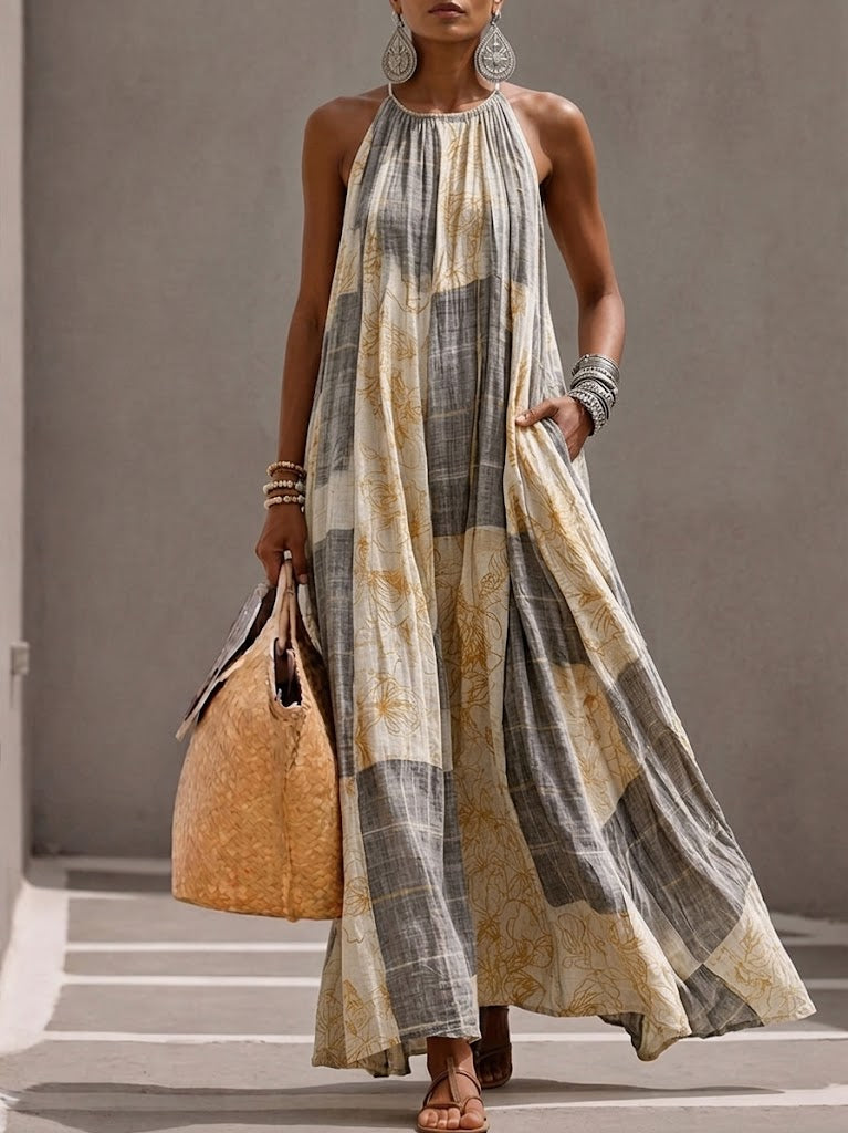 Bohemian Art-print Linen-cotton Maxi Dress