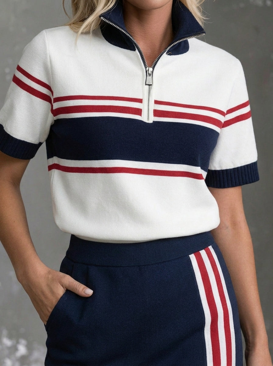 Womens Quarter Zip Striped Short Sleeve Top & Pocket Skirt Sporty Two Piece Set