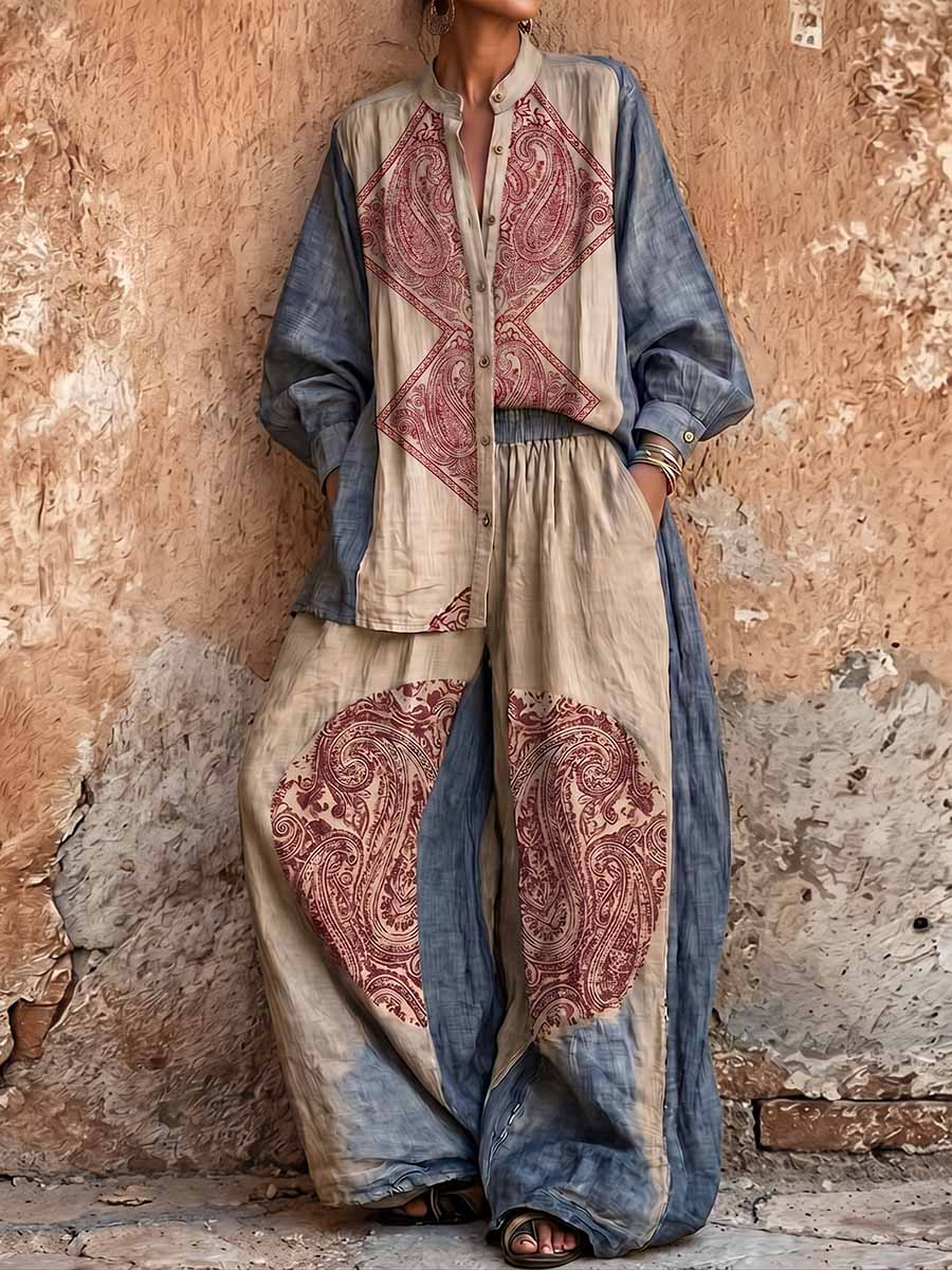 Women's Vintage Placement-print Cotton-linen Set: Long-sleeve Stand-collar Loose Casual Top & High-waisted Wide-leg Pants
