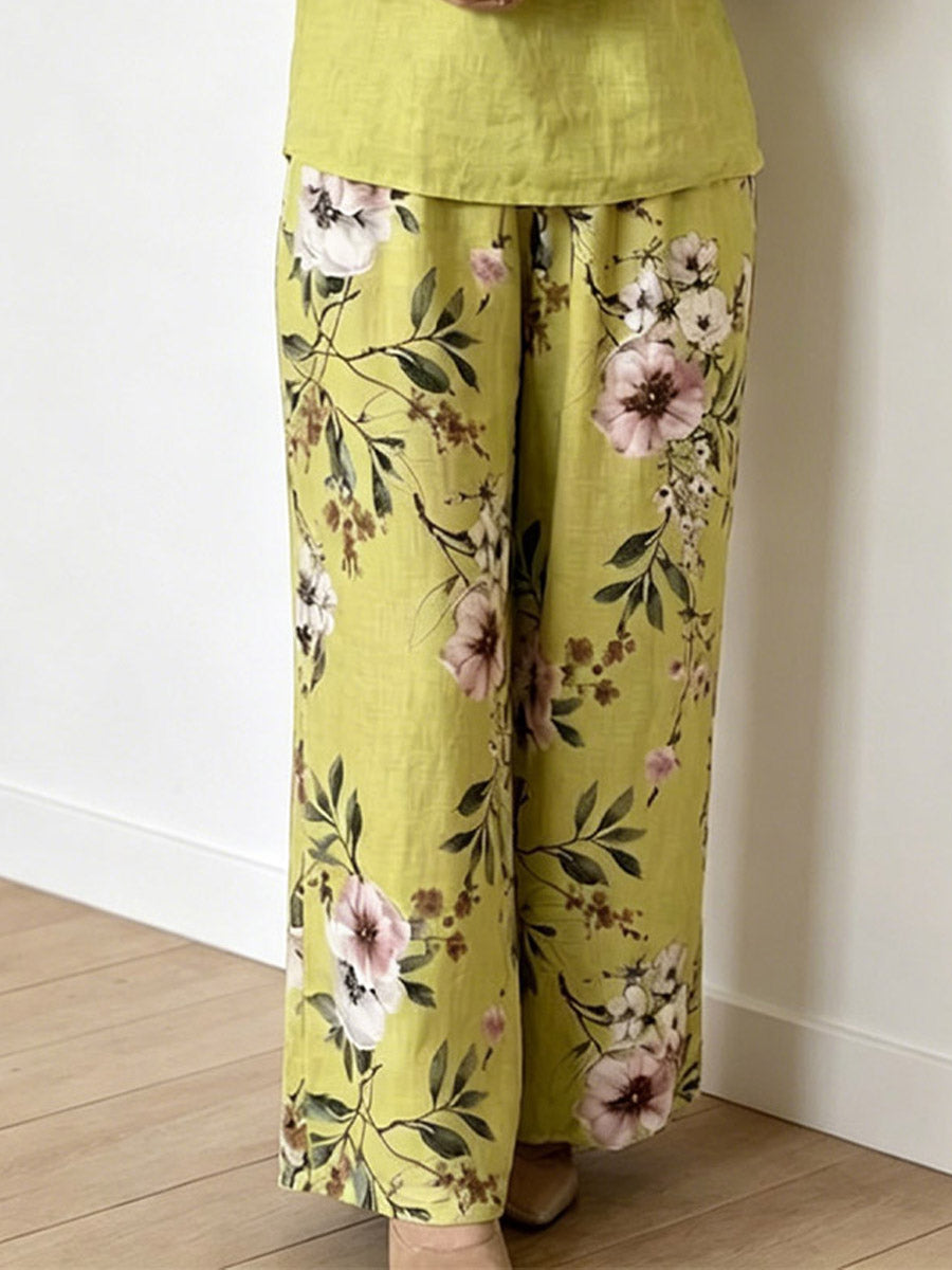 Women's Casual Short Sleeve Top And Floral Pants Cotton And Linen Two-piece Set