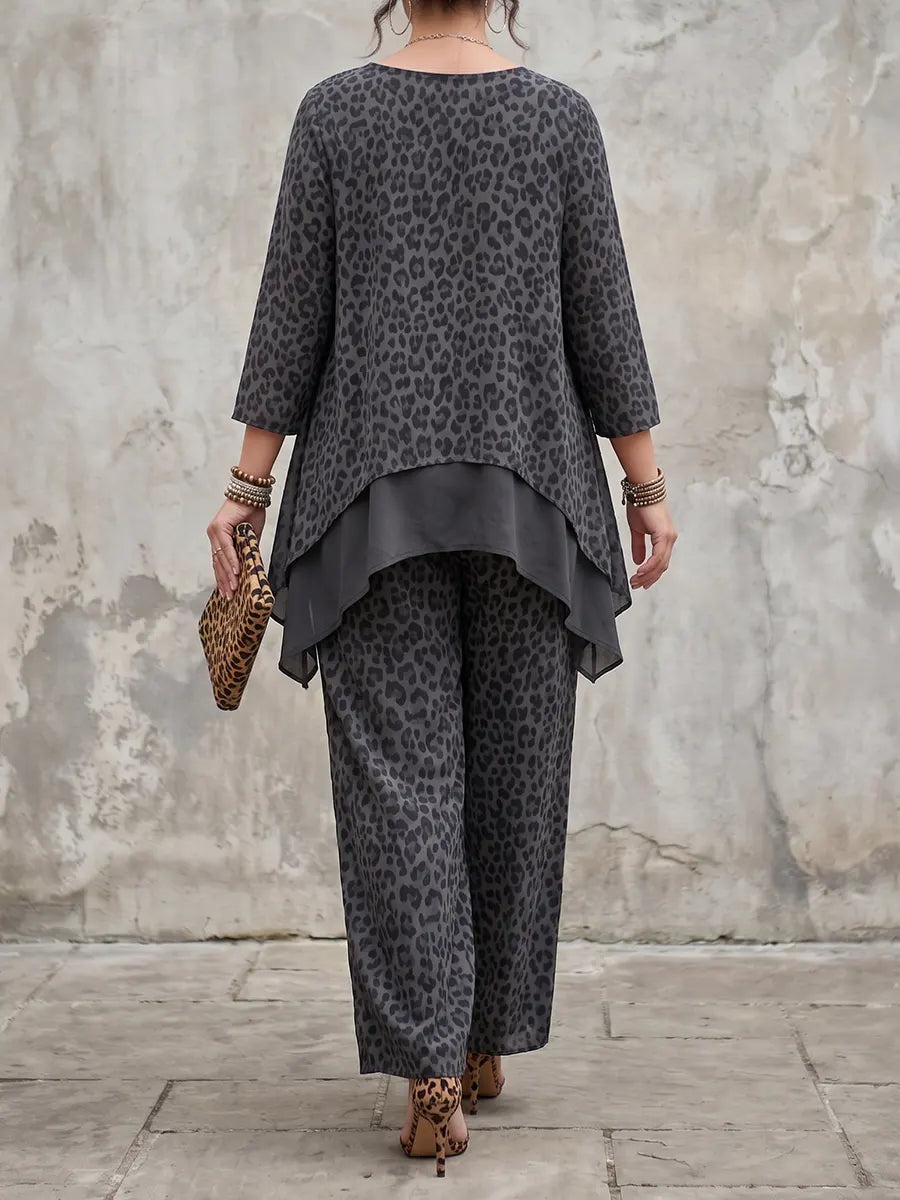 Chic Leopard Print Linen Set – Asymmetrical Layered Tunic & Wide-Leg Pants