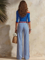 Two-piece Set: Casual, Stylish Color-block Cotton Top And Striped Cotton-linen Trousers.