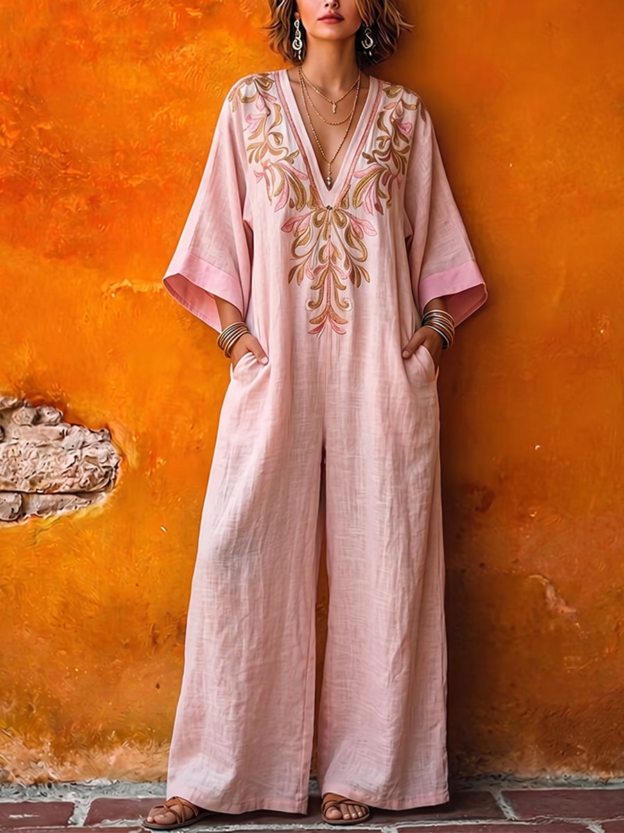 Bohemian V-neck Floral Cotton-linen Jumpsuit