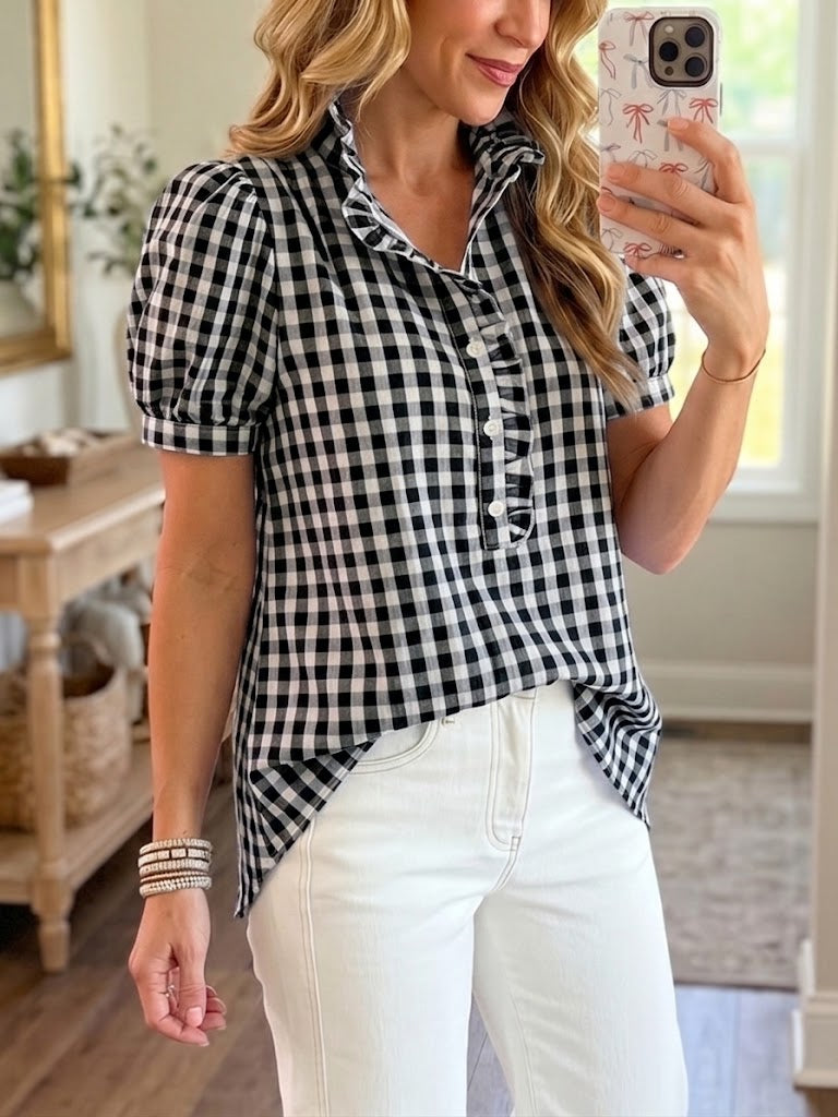 Casual Linen-cotton Plaid Shirt With A Ruffle Collar