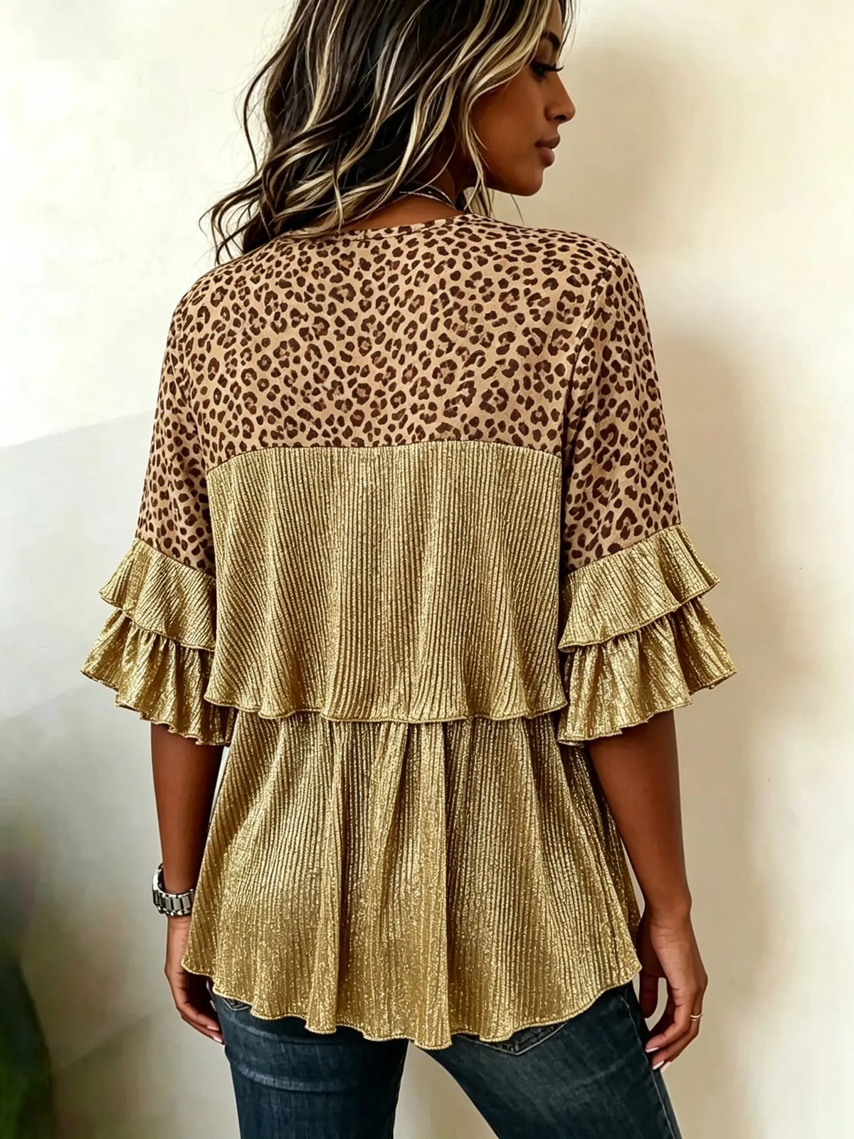 Women's Leopard Print Metallic Ruffle V Neck Blouse