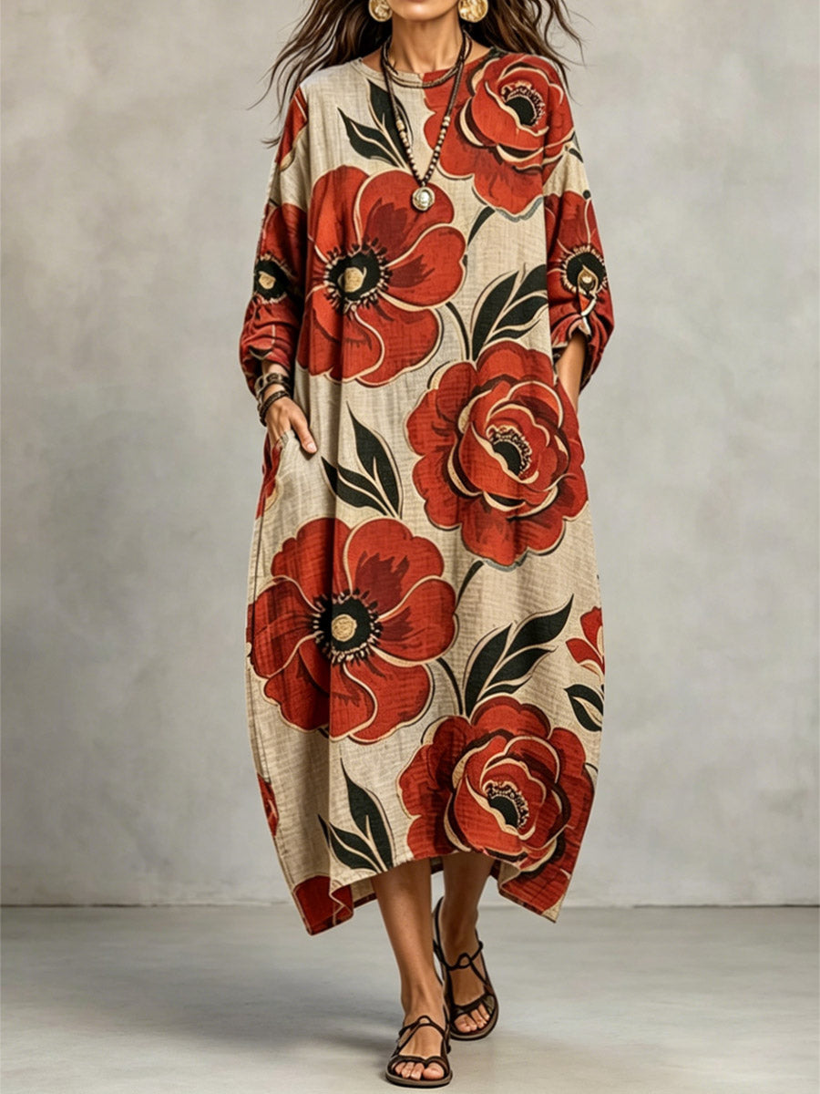 Women's Floral Art Print Casual Stylish Long Sleeve Maxi Cotton Linen Dress