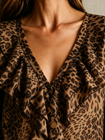 Women's Leopard V-Neck Ruffle Chiffon Blouse