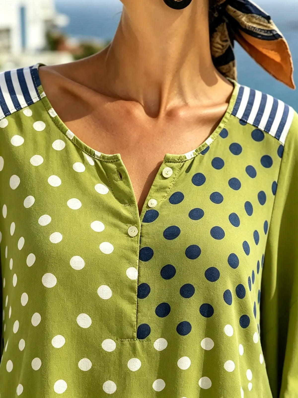 Women Two-tone Polka Dot Contrast Stripe Patchwork Crew Neck 3/4 Sleeve Blouse