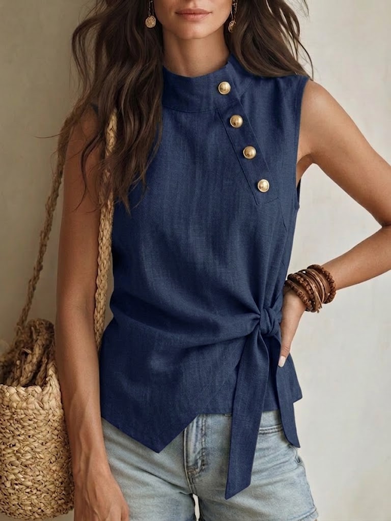 Casual Linen-cotton Sleeveless Top With Metal Buckle