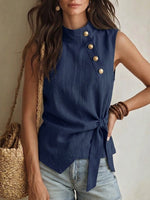 Casual Linen-cotton Sleeveless Top With Metal Buckle