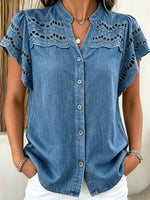 Women’s Eyelet Cutout Ruffle Cap Sleeve Mandarin Collar Denim Button Shirt