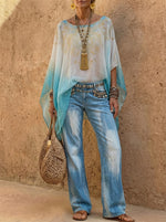 Women's Boho Ombre Batwing Sleeve Sheer Top