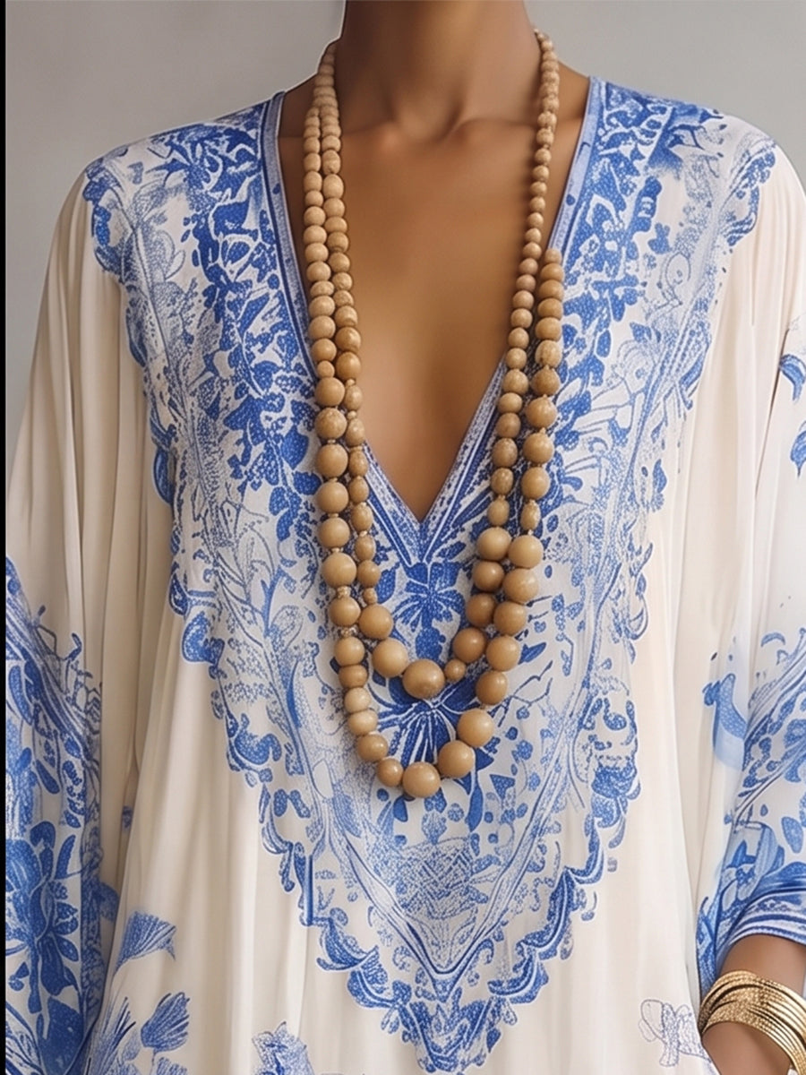 Boho-style Vintage Blue Floral Print Cotton Maxi Dress