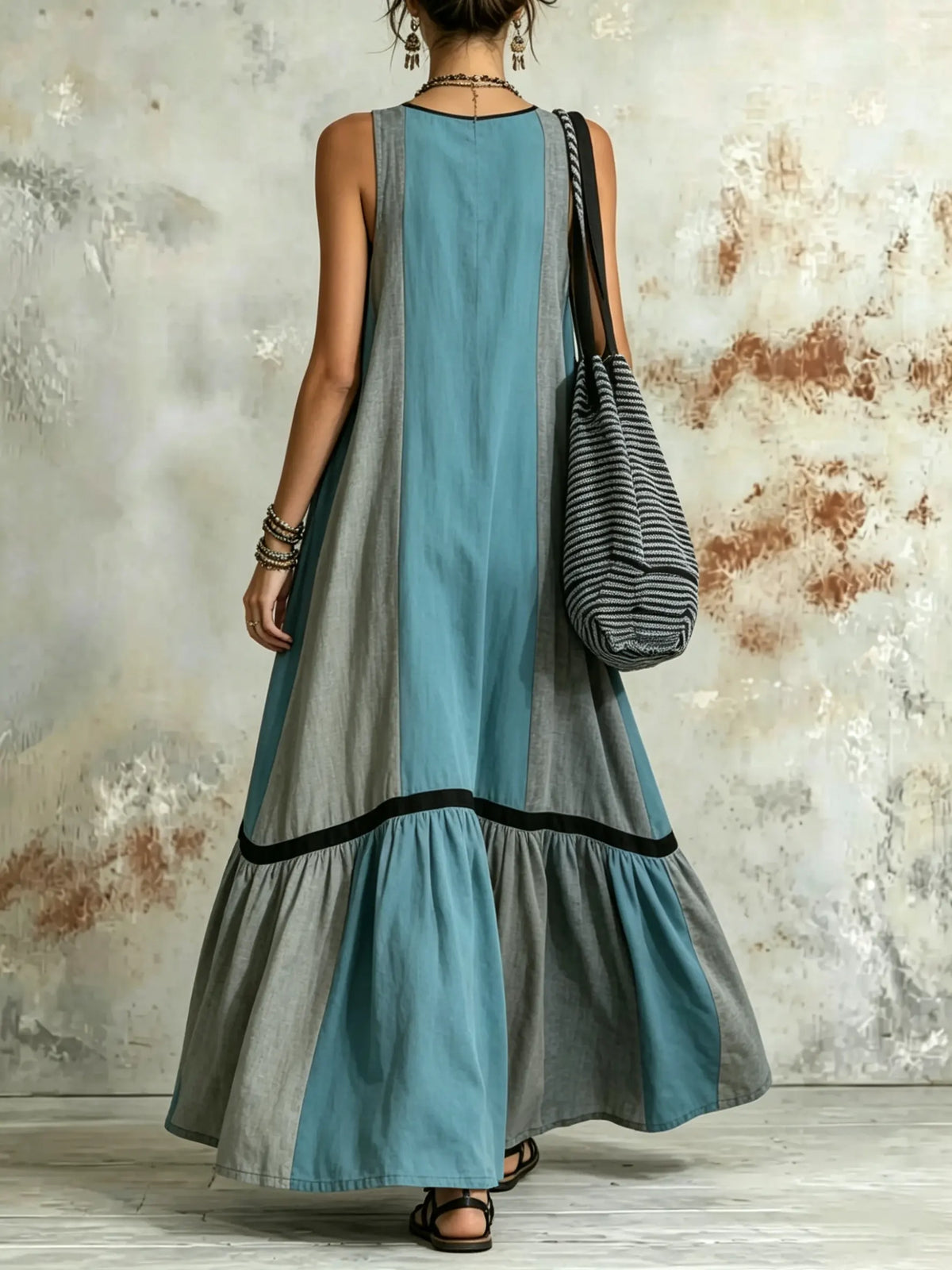Women Contrast Solid Stripe Patchwork Square Neck Sleeveless Maxi Dress
