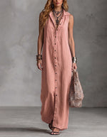 Casual Loose Sleeveless Long Dress With Single-breasted Buttons And A Stylish Hooded Design