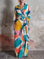 Linen-cotton Dress With Side-tie Waist And Artistic Brushstroke Print
