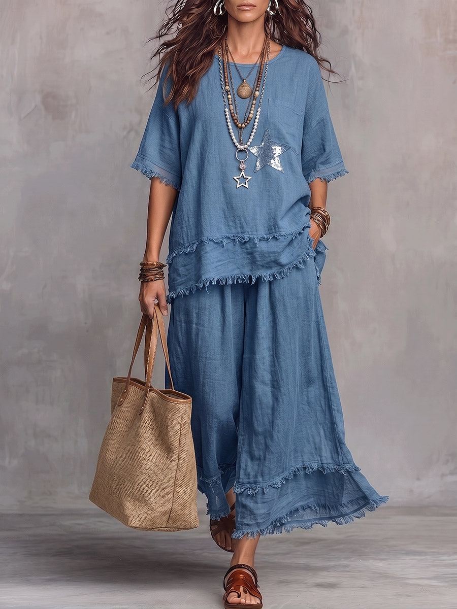 Vintage Elegant Patchwork Sequins Embroidery Shirt Set