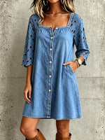 Boho-chic Square-neck Denim Dress With Floral-embroidered Sleeves