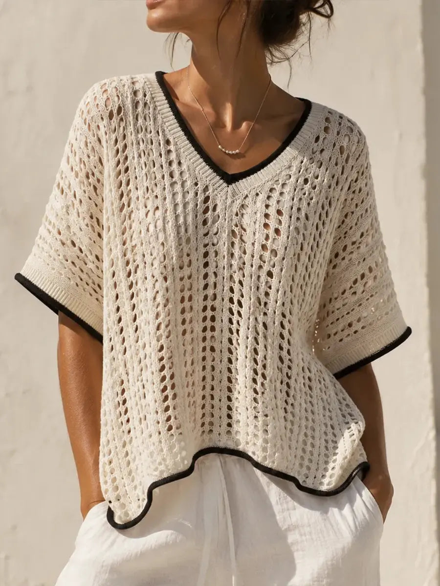 Classic Contrast-trimmed Open Knit V-neck Top