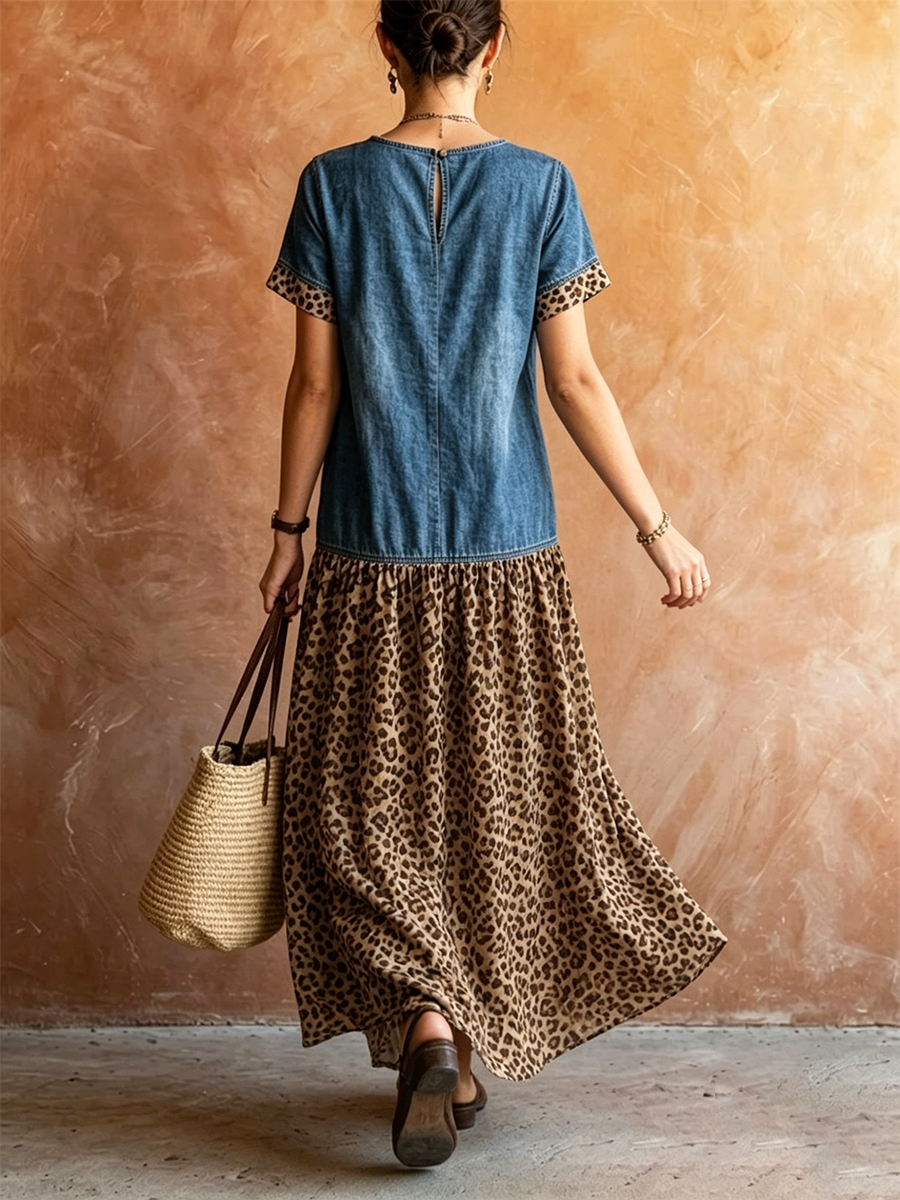 Washed Denim Spliced Leopard Print Round Neck Short Sleeve High Low Split Maxi Dress