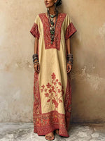 Women's Retro Floral Art Casual Stylish V-collar Short Sleeve Cotton Linen Maxi Dress
