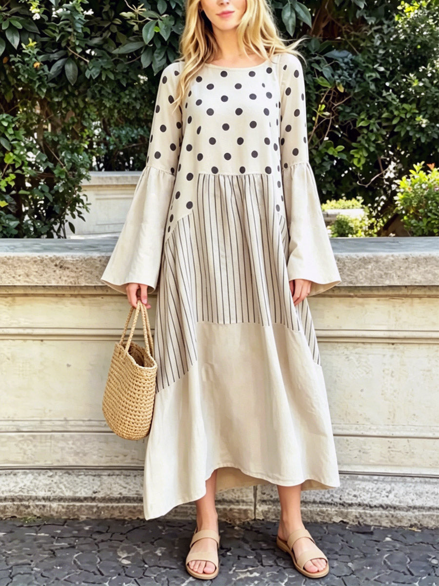 Women's Polka Dot Loose Art Casual Long Sleeve Cotton Linen Dress