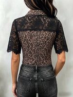 Casual leopard-print denim shirt with lace panels