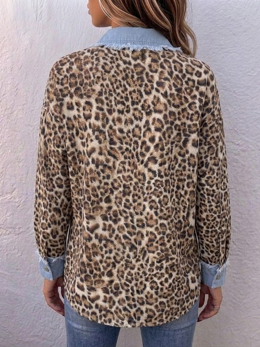 Relaxed-fit Casual Denim Shirt With Leopard-print Panels