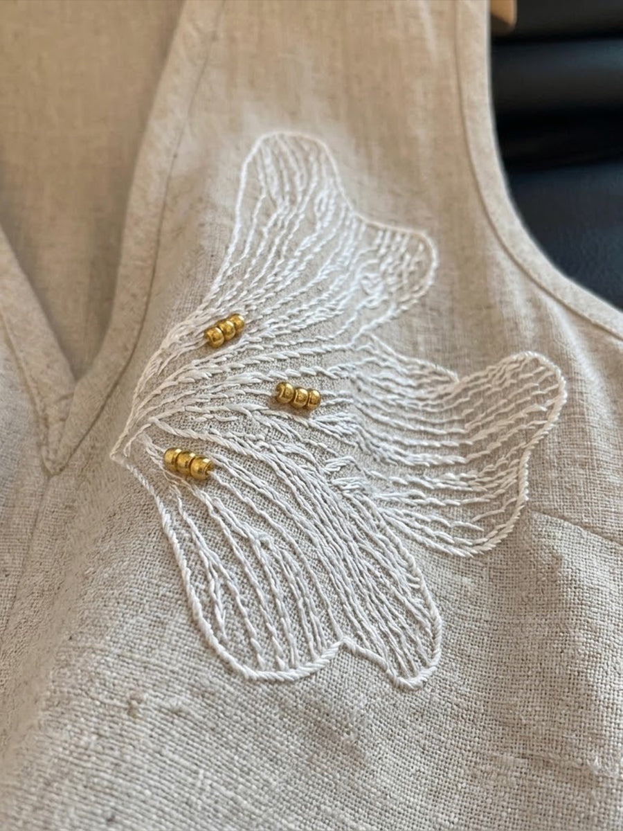 Casual Sleeveless Linen-cotton Embroidered Top