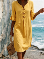 Solid-color Cotton Dress Featuring A V-neck, Three Wooden Buttons, Front Pleats, And Flattering Ruffled Mid-length Sleeves